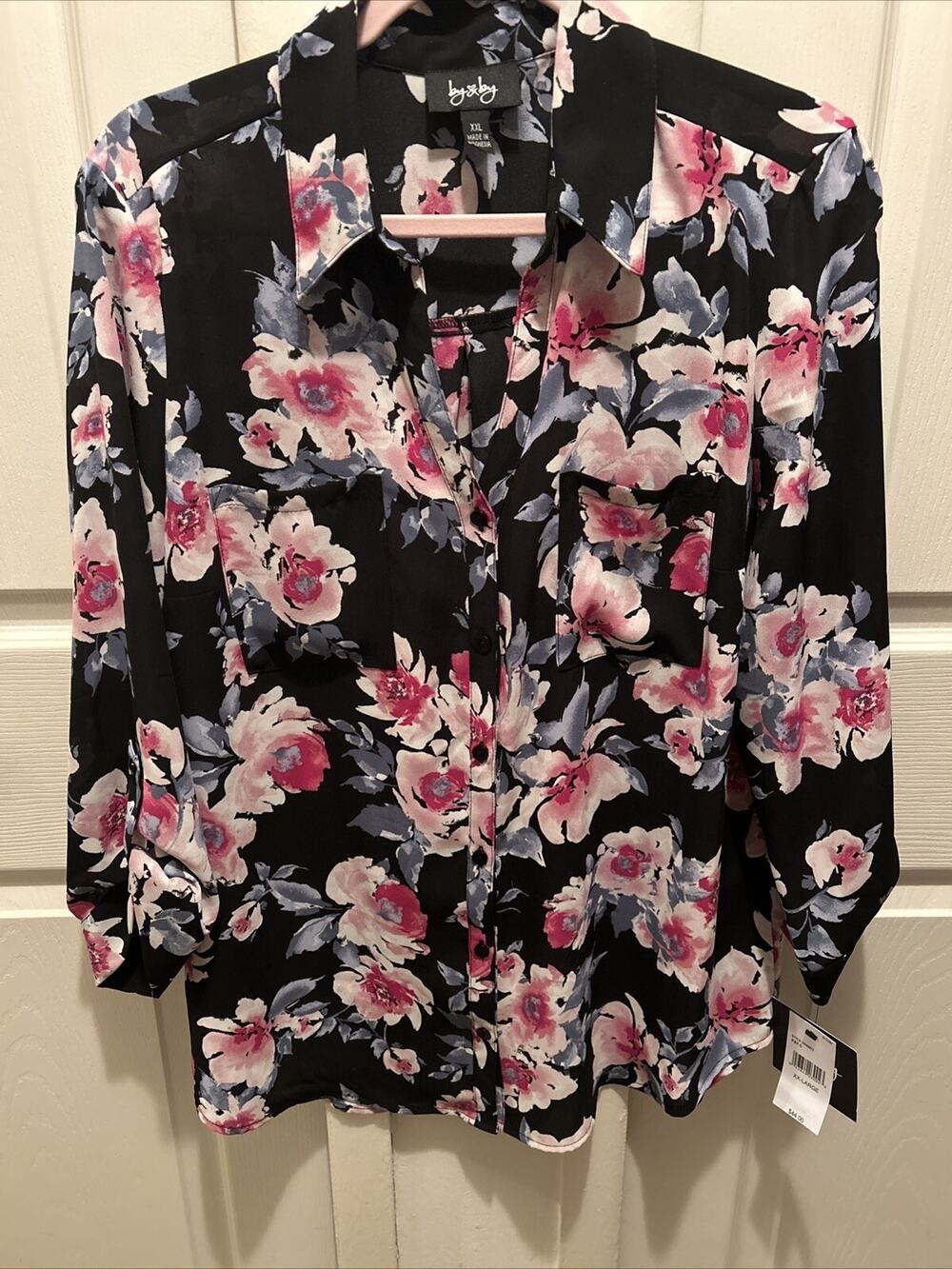 By & By Blouse XXL Button Floral Shirt Converted Sleeves